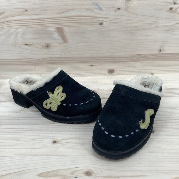 Ugg Little Girls Suede Platform Clogs Size 2 Black Chunky Slip On Shearling Y2K - Picture 5 of 16